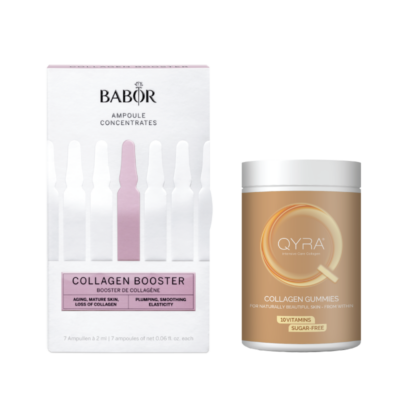 Collagen Booster ampulių ir qyra kolageno guminukų rinkinys